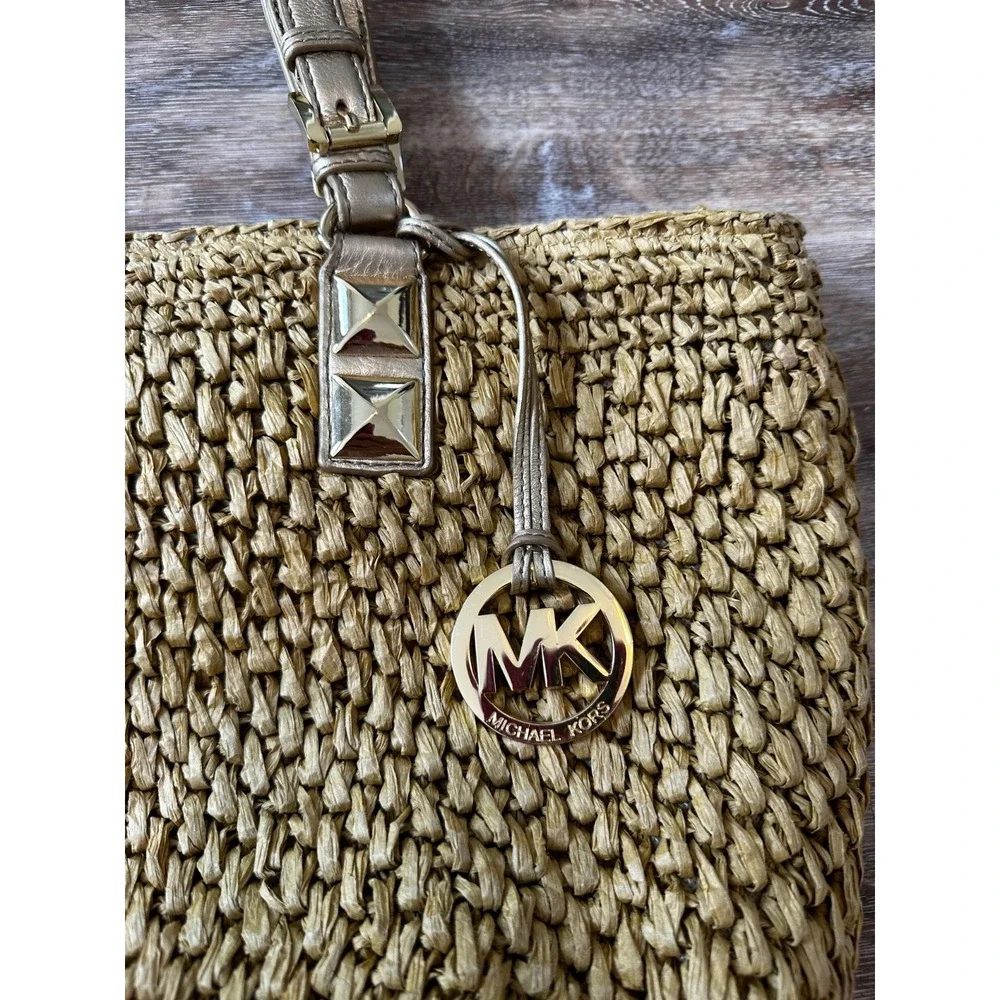 Michael Kors Woven Straw Purse Tote Gold Tone Fob Footed Shoulder Bag